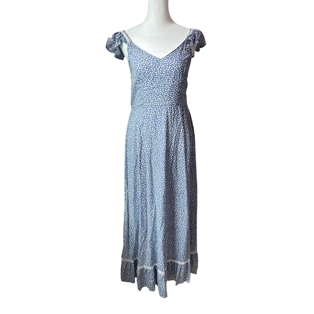 New Japna Blue White Leaf Print Maxi Dress Flutter Sleeve Cottagecore Medium